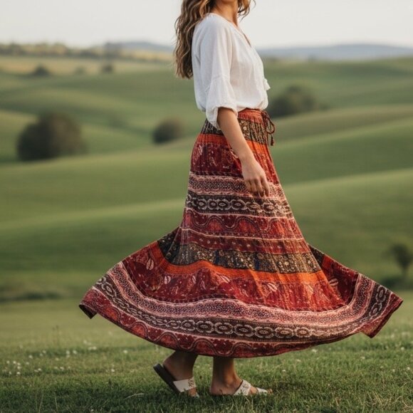 Y2K Maxi Boho Festival Autumn Colors Pattered Long Hippie Skirt Womens Size 22W - Picture 1 of 9